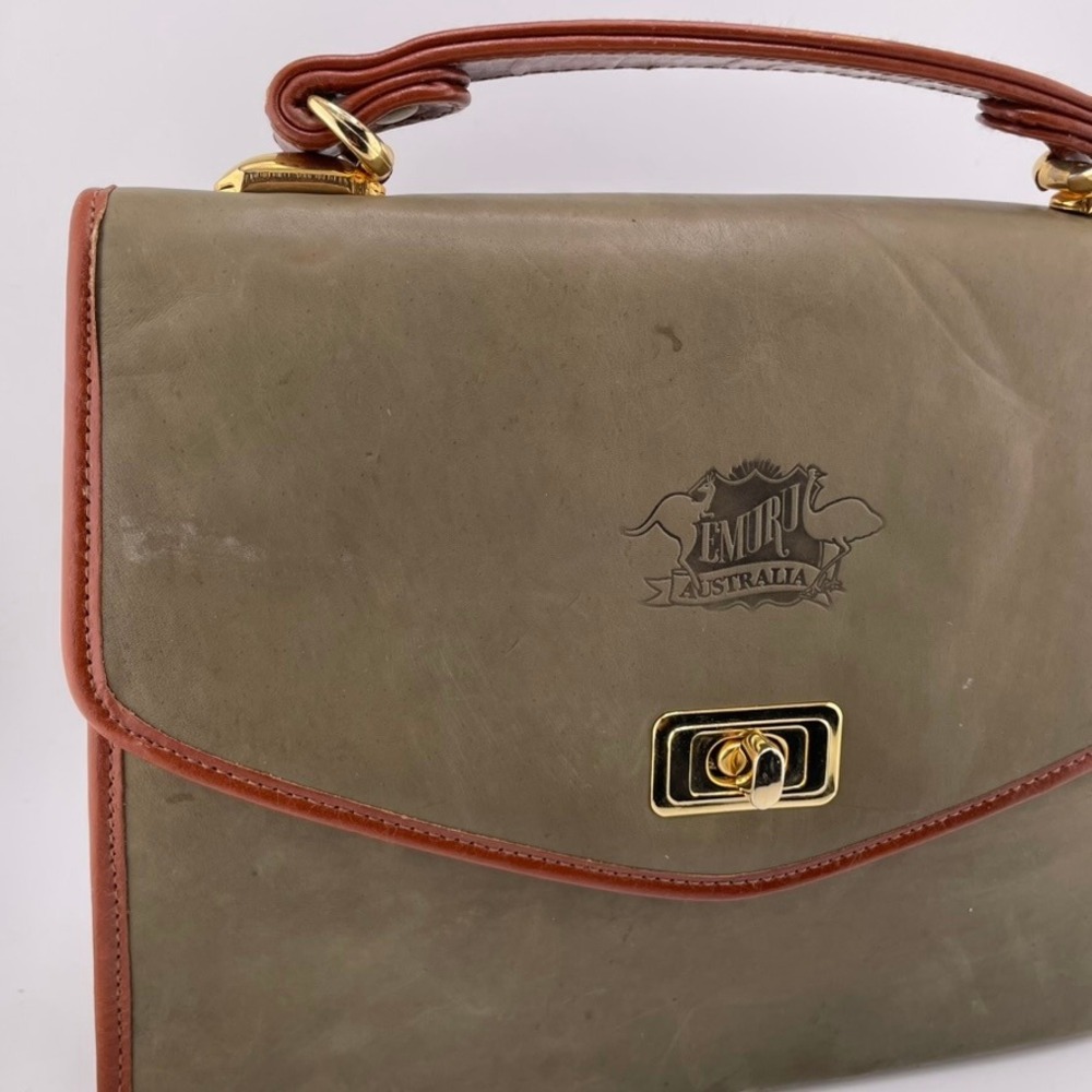 Vintage Emuri Australia Olive Green Leather Satchel Top Handle Bag - Picture 3 of 14